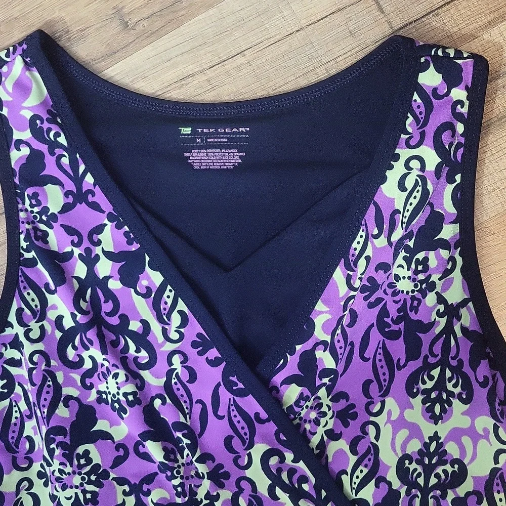 TEKGEAR Navy Purple Lime Green Fleur De Lis Modest Sleeveless Athletic Dress - Picture 4 of 8